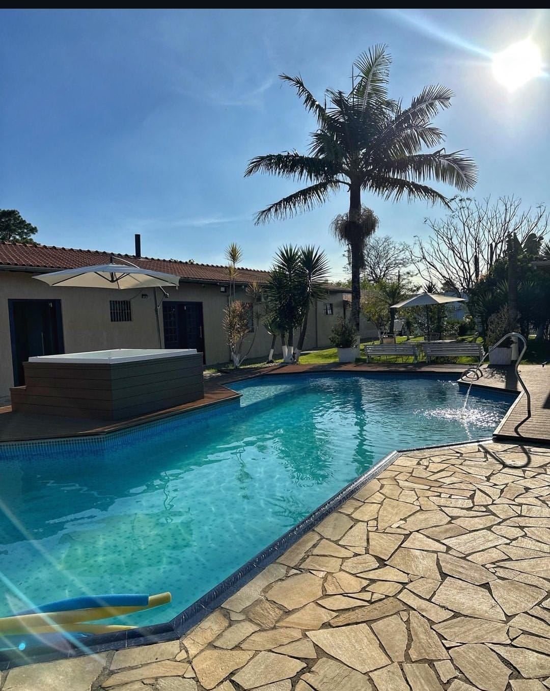 Piscina sob o sol com palmeiras
